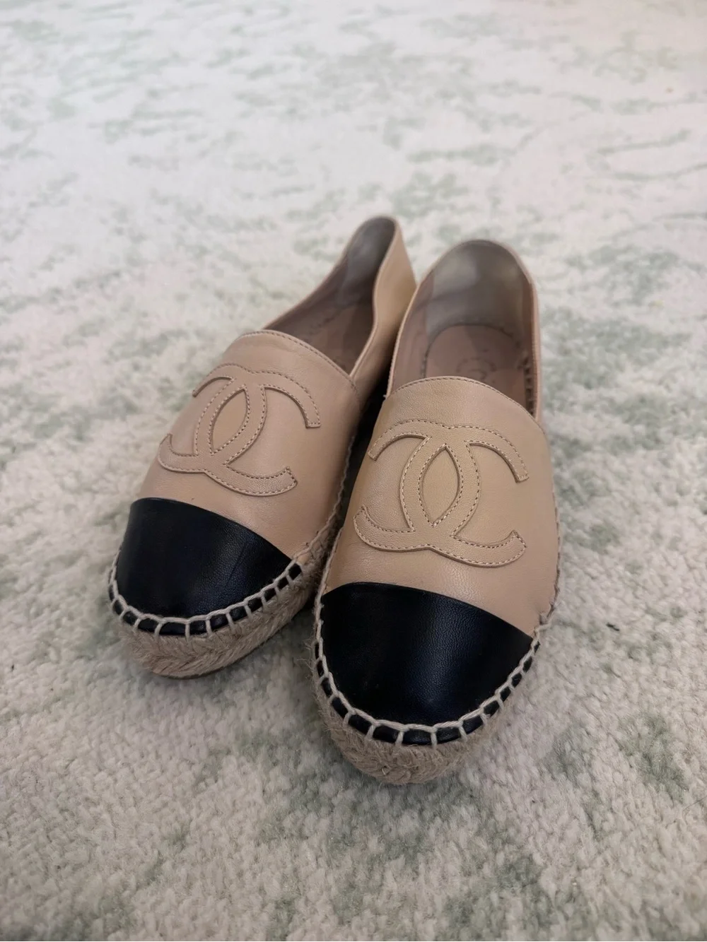 CHANEL Beige Leather Espadrilles with Black Cap Toe